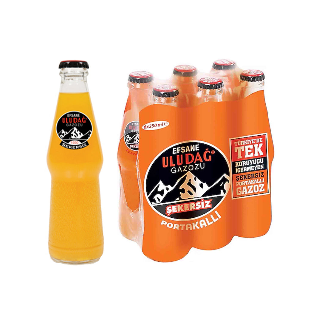 ULUDAG GAZOZ ORANGE SUGAR FREE 250ML GLASS X 6 - Altin Grocery Mineral Water Uludag