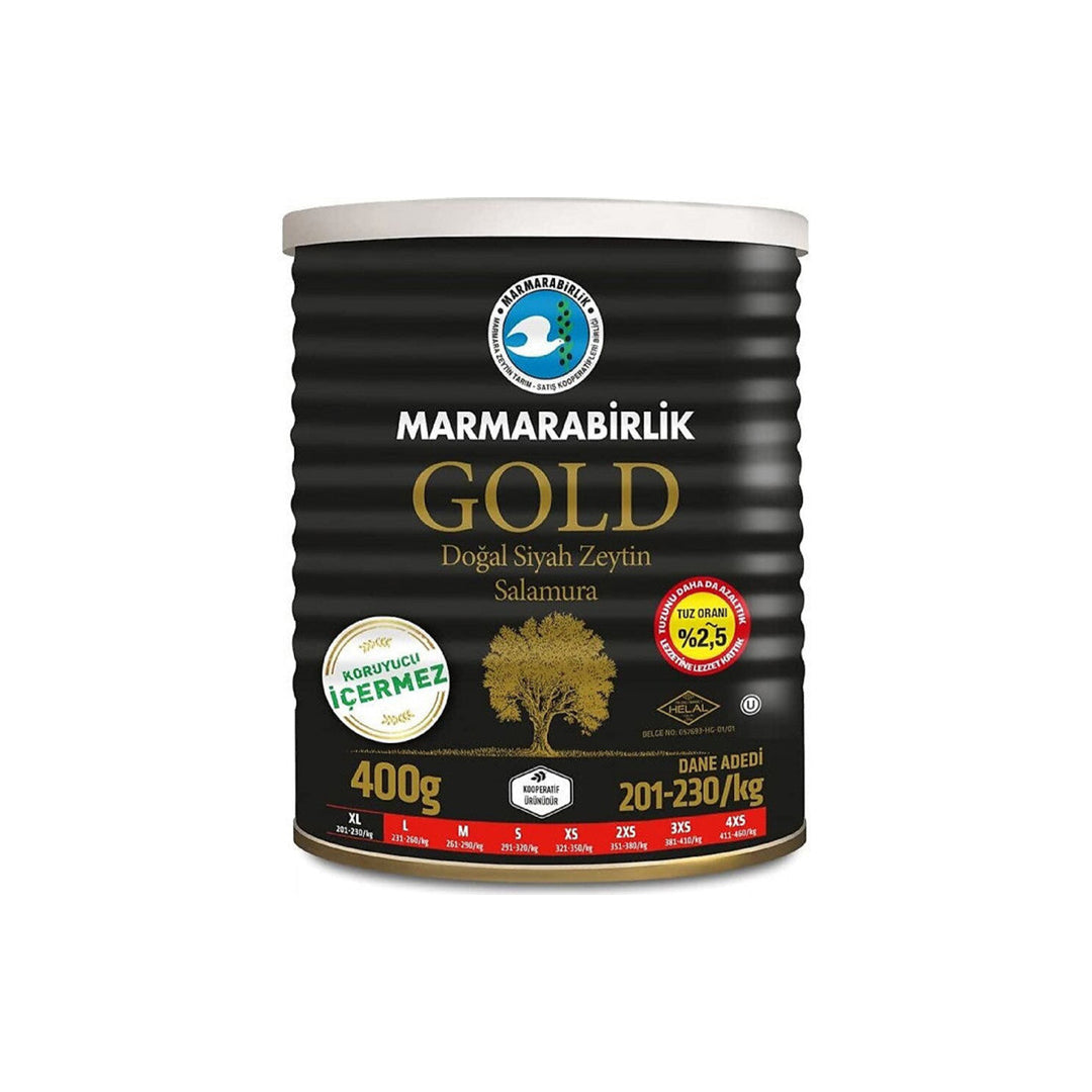 MB GEMLIK BLACK OLIVES GOLD XL 400GR CAN - Altin Grocery Olive Marmarabirlik