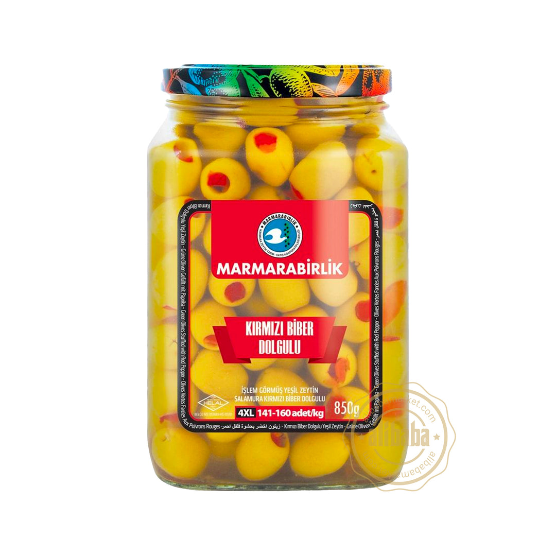 MB GREEN OLIVES 4XL W PEPPER 850GR GLASS (141-160) - Altin Grocery Olive Marmarabirlik