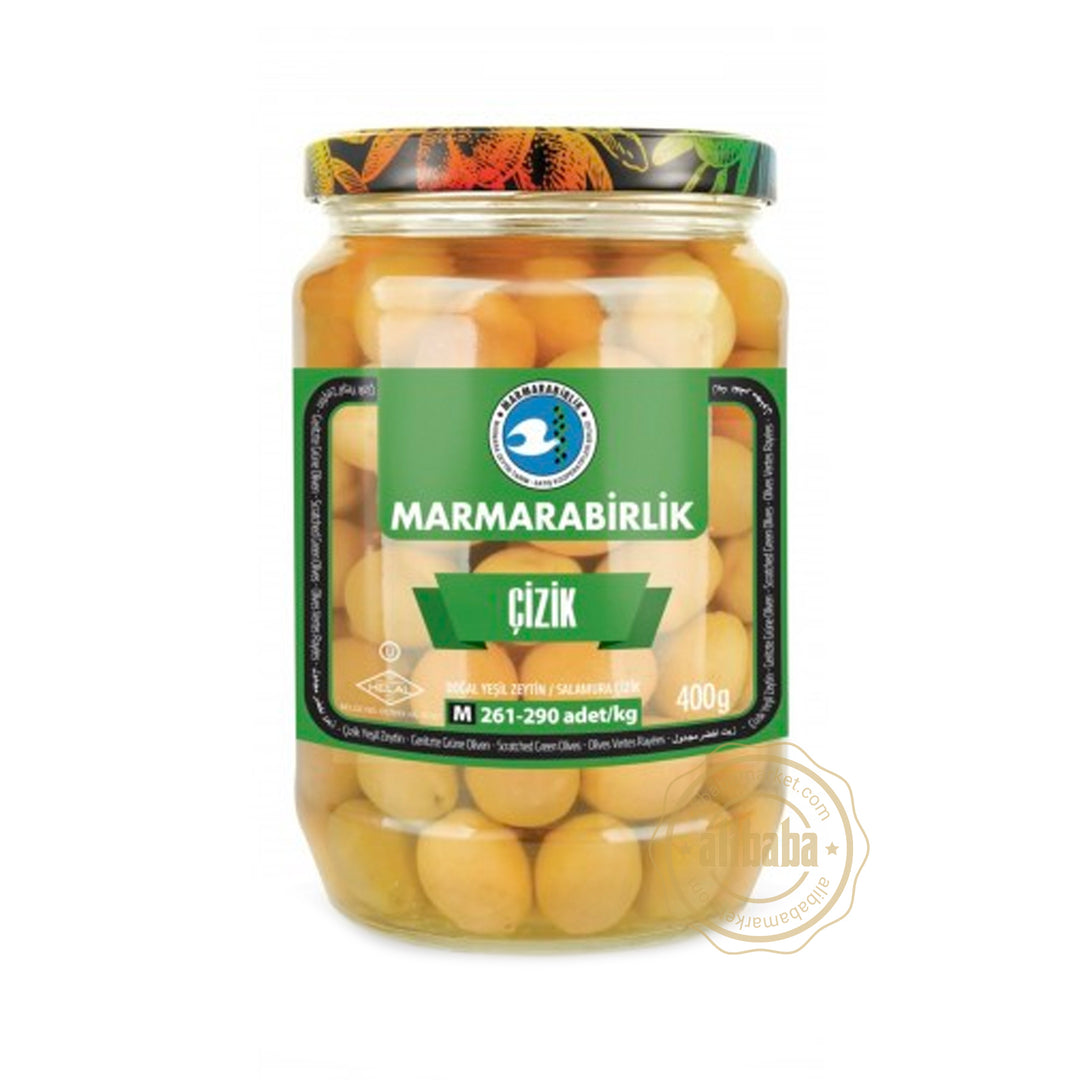 MB GREEN OLIVES M SCRATCHED (261-290) 400GR GLASS - Altin Grocery Olive Marmarabirlik