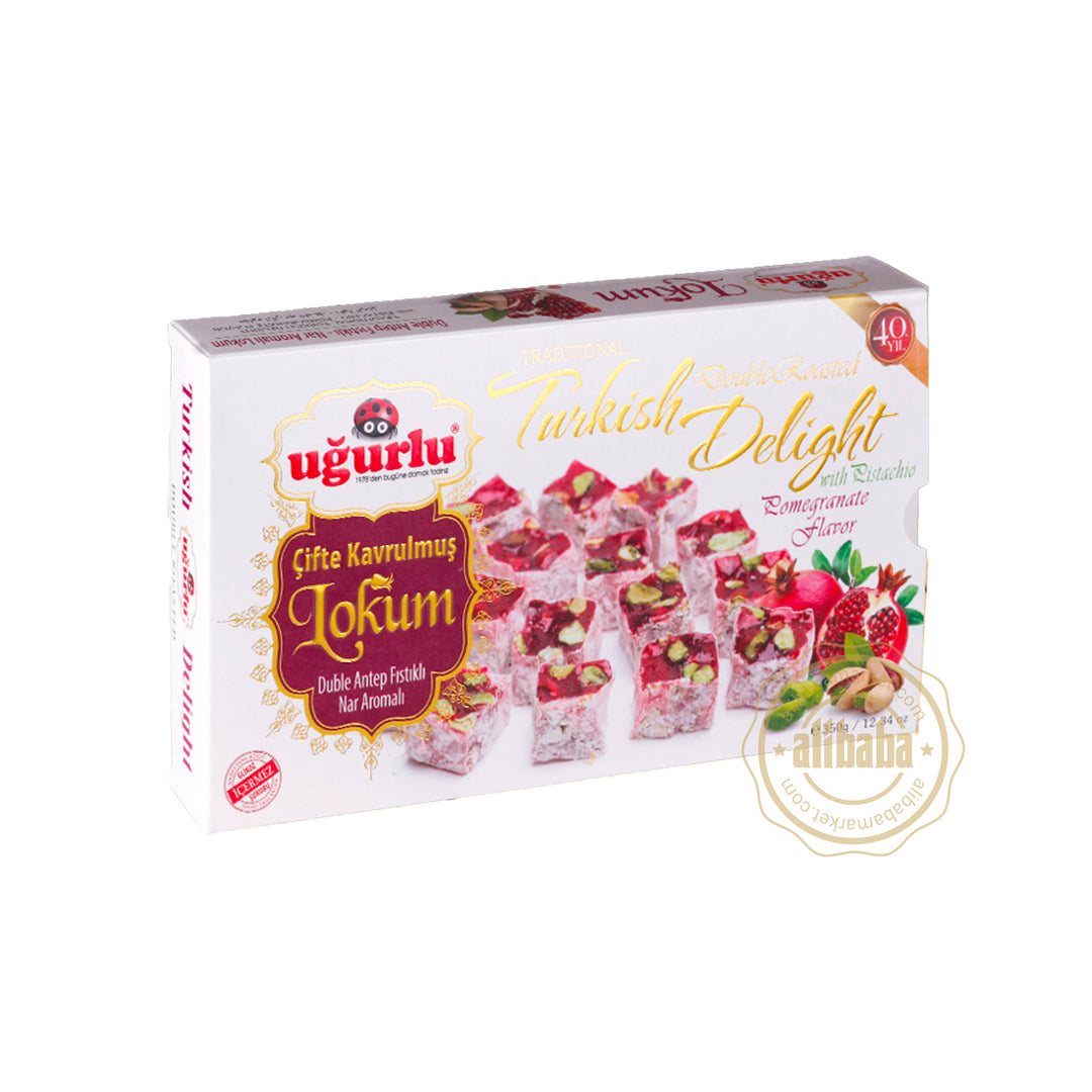 UGURLU DOUBLE RST POMEGRANATE FL W PISTACHIO TURKISH DELIGHT 350GR (KOD 351) - Altin Grocery Turkish Delight Ugurlu